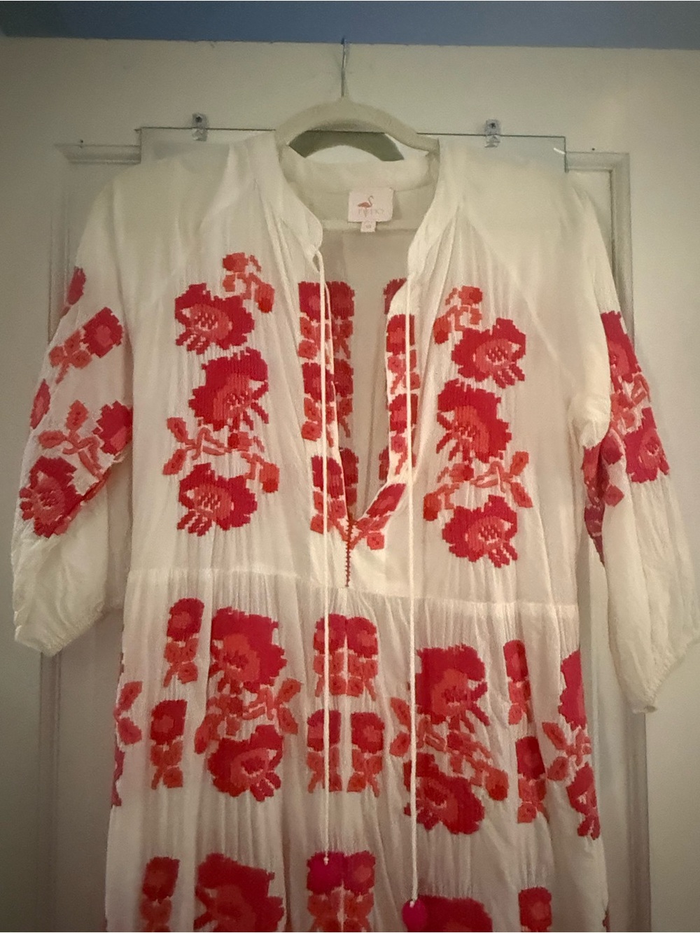 White Tunic Dress with Red Floral Embroidery